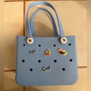 Baby Blue Rubber Tote Bag with Decorative Pins
